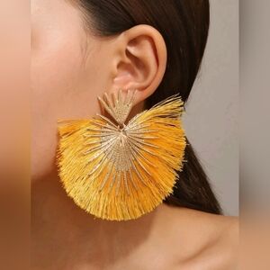 "Vacay" Oversized  Yellow Fan Shape Tassel Earrings New!